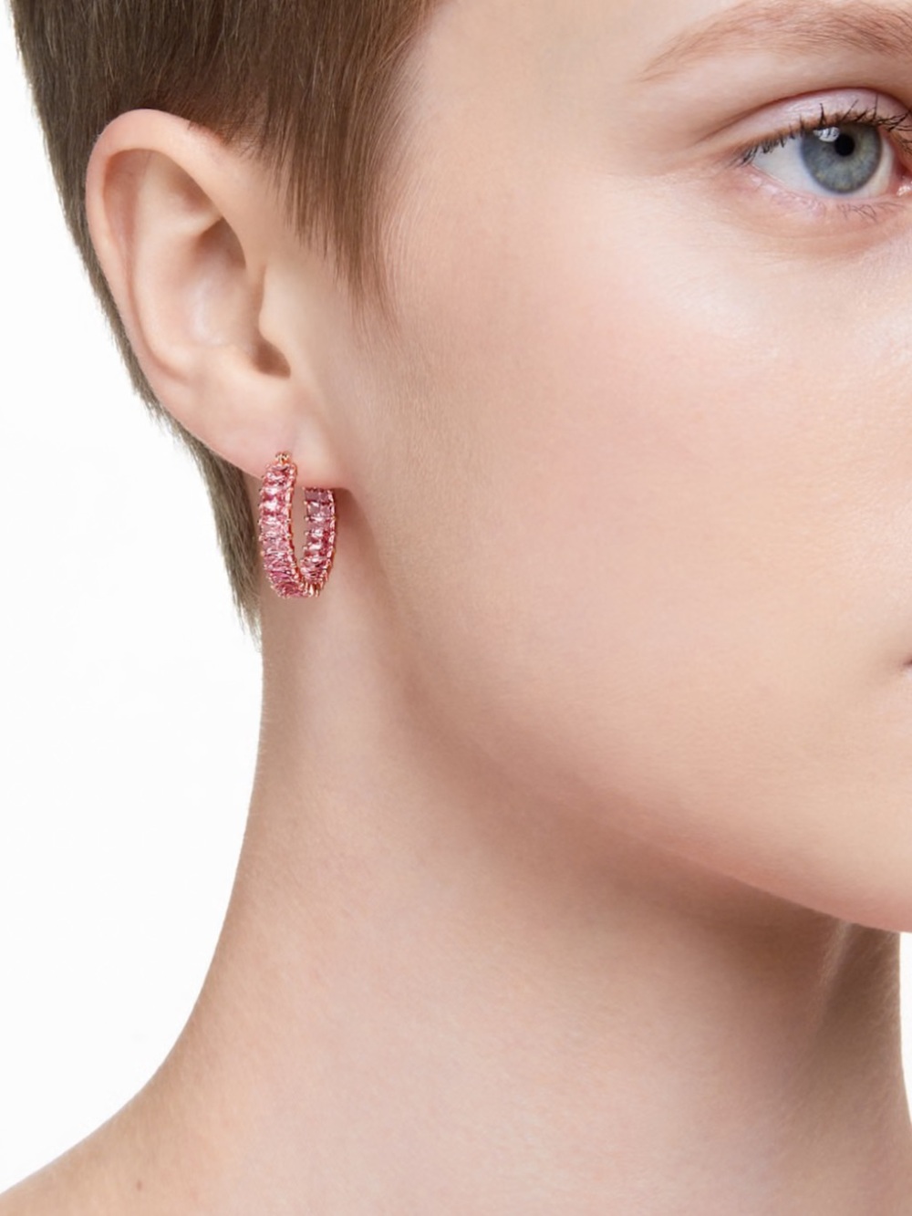 LAST ONE! SWAROVSKI Matrix hoop earrings, Pink Baguette, 18K rose gold finish - Picture 4 of 12